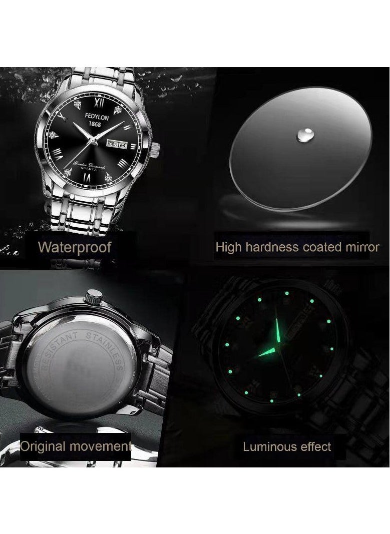 FEDYLON Men’s Two-Tone Business Quartz Watch – Blue Dial, Dual Calendar, Luminous Hands, 30M Waterproof, Roman Numerals, Stainless Steel Look Wristwatch