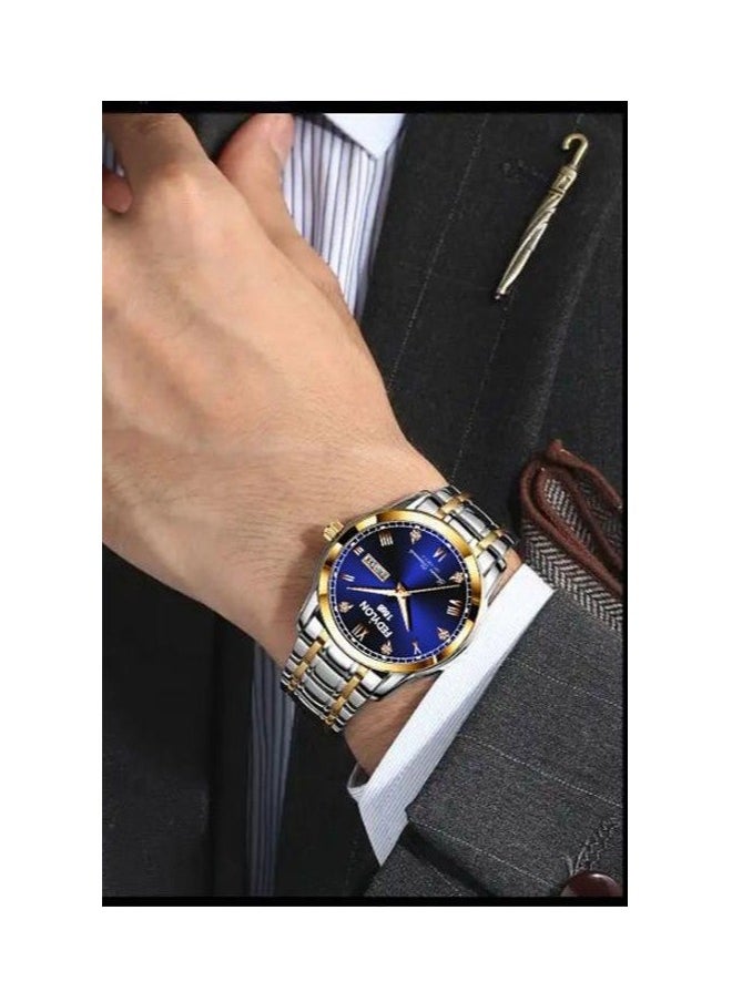 FEDYLON Men’s Two-Tone Business Quartz Watch – Blue Dial, Dual Calendar, Luminous Hands, 30M Waterproof, Roman Numerals, Stainless Steel Look Wristwatch