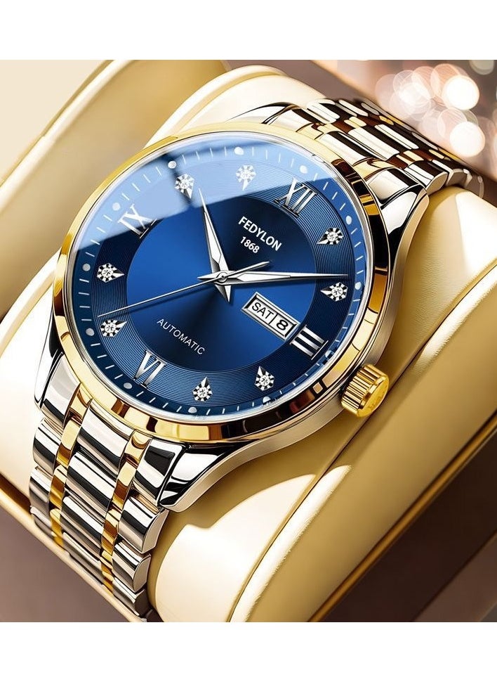 FEDYLON Men’s Two-Tone Business Quartz Watch – Blue Dial, Dual Calendar, Luminous Hands, 30M Waterproof, Roman Numerals, Stainless Steel Look Wristwatch