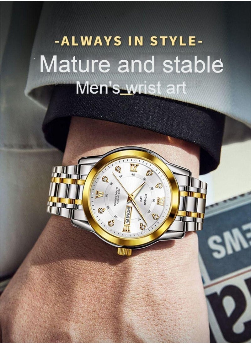 FEDYLON Men’s Two-Tone Business Quartz Watch – White Dial, Dual Calendar, Luminous Hands, 30M Waterproof, Roman Numerals, Stainless Steel Look Wristwatch