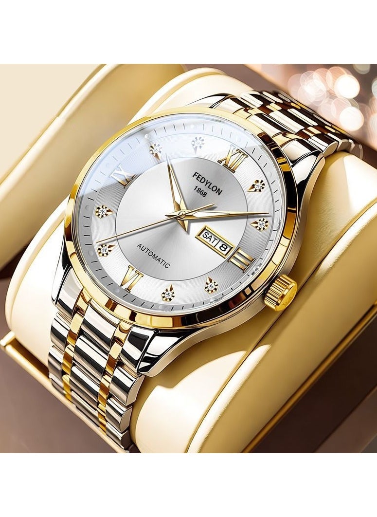 FEDYLON Men’s Two-Tone Business Quartz Watch – White Dial, Dual Calendar, Luminous Hands, 30M Waterproof, Roman Numerals, Stainless Steel Look Wristwatch