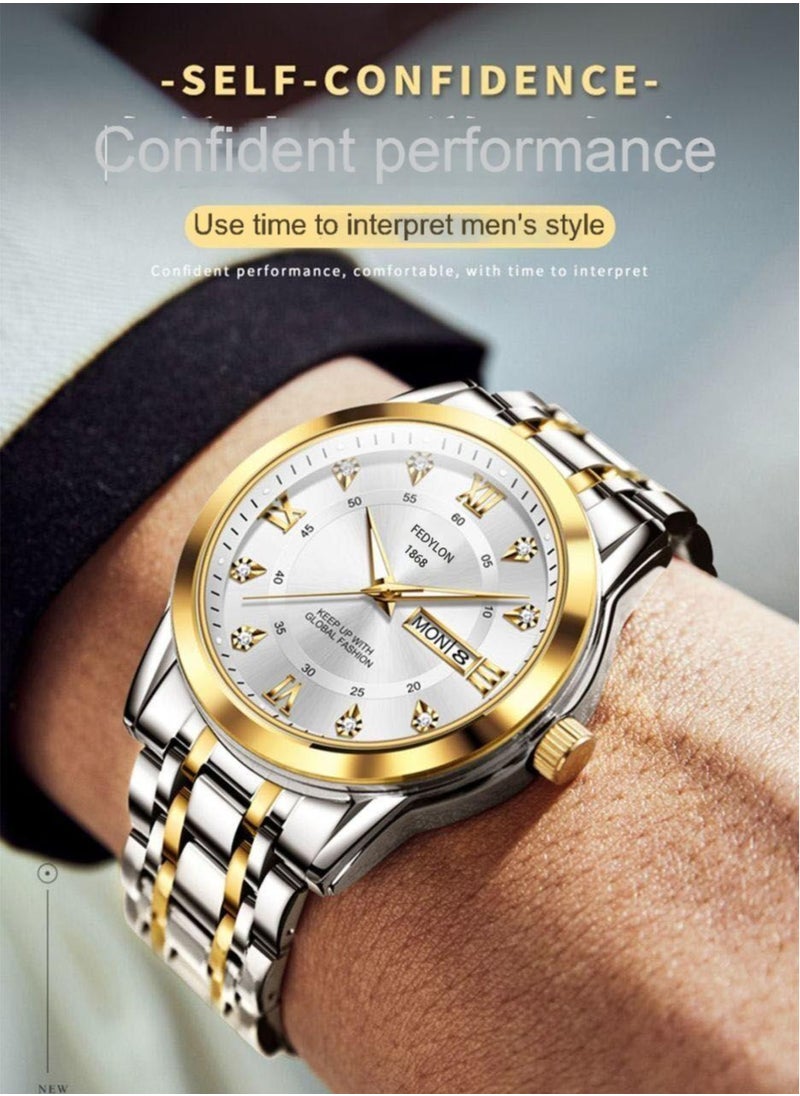 FEDYLON Men’s Two-Tone Business Quartz Watch – White Dial, Dual Calendar, Luminous Hands, 30M Waterproof, Roman Numerals, Stainless Steel Look Wristwatch