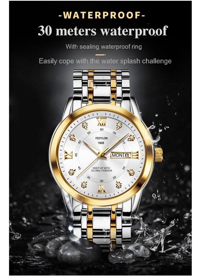FEDYLON Men’s Two-Tone Business Quartz Watch – White Dial, Dual Calendar, Luminous Hands, 30M Waterproof, Roman Numerals, Stainless Steel Look Wristwatch