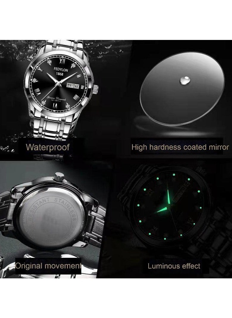 FEDYLON Men’s Two-Tone Business Quartz Watch – White Dial, Dual Calendar, Luminous Hands, 30M Waterproof, Roman Numerals, Stainless Steel Look Wristwatch