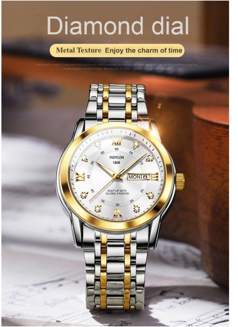 FEDYLON Men’s Two-Tone Business Quartz Watch – White Dial, Dual Calendar, Luminous Hands, 30M Waterproof, Roman Numerals, Stainless Steel Look Wristwatch