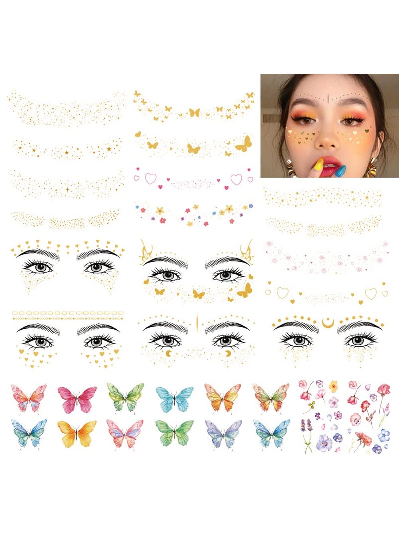 DIVAWOO 32 Sheets Face Temporary Tattoo 20 sheets Glitter Metallic Freckle Tattoos 12 PCS Butterflies Fake Tattoos Stickers for Festival Makeup Rave Accessories