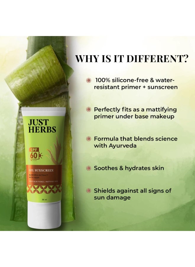 Silicone-free Gel Primer Sunscreen | SPF 60 PA++++ | Broad Spectrum UVA/B & Blue Light Protection | No white cast | For Makeup Lovers | Blurs Pores & Mattifies Skin | Aloe Vera Extract & Neem | Ceramide & Peptide | In-Vitro Tested | Matte Finish