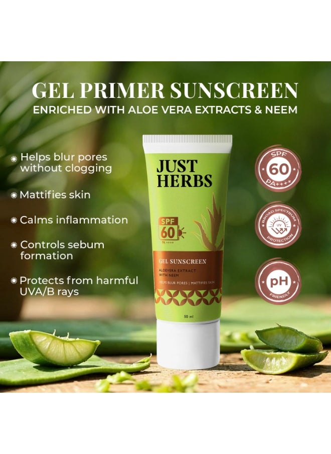 Silicone-free Gel Primer Sunscreen | SPF 60 PA++++ | Broad Spectrum UVA/B & Blue Light Protection | No white cast | For Makeup Lovers | Blurs Pores & Mattifies Skin | Aloe Vera Extract & Neem | Ceramide & Peptide | In-Vitro Tested | Matte Finish
