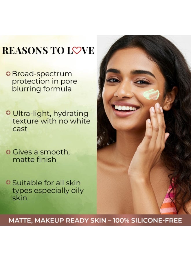 Silicone-free Gel Primer Sunscreen | SPF 60 PA++++ | Broad Spectrum UVA/B & Blue Light Protection | No white cast | For Makeup Lovers | Blurs Pores & Mattifies Skin | Aloe Vera Extract & Neem | Ceramide & Peptide | In-Vitro Tested | Matte Finish