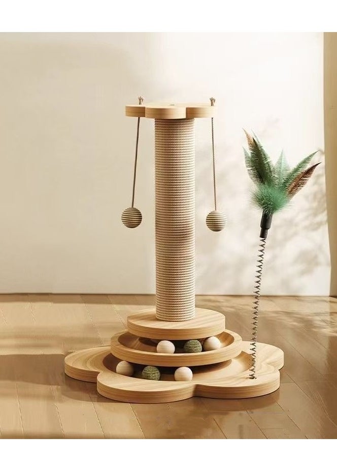 Pet Solid Wood Cat Scratching Post with Rolling Track - Multifunctional Cat Activity Center
