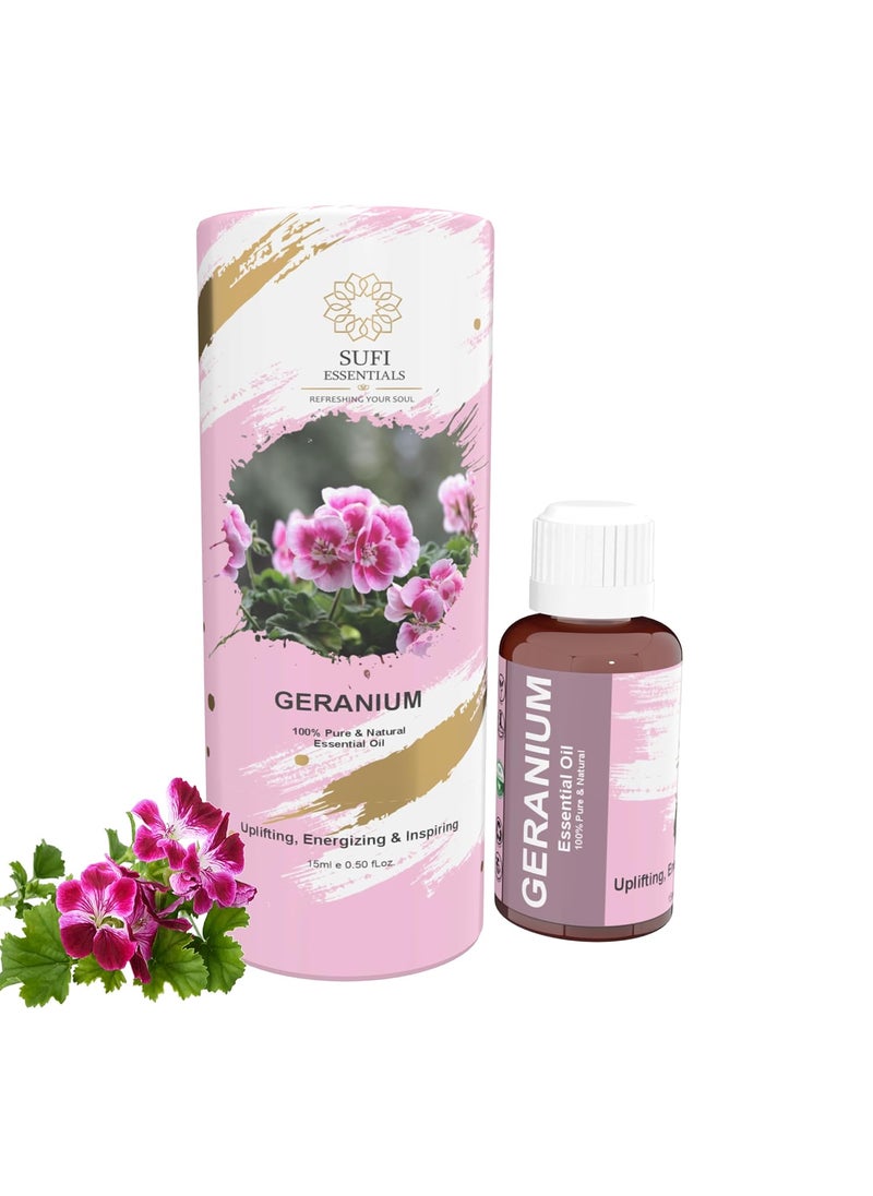 SUFI ESSENTIALS Geranium Essential Oil Hair Growth Long Healthy Hair Minimize Fine Line Wrinkles Smooth Skin Healthy Scalp Aromatherapy Natural NonGreasy And Undiluted Women Men 15Ml