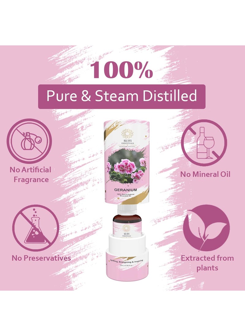 SUFI ESSENTIALS Geranium Essential Oil Hair Growth Long Healthy Hair Minimize Fine Line Wrinkles Smooth Skin Healthy Scalp Aromatherapy Natural NonGreasy And Undiluted Women Men 15Ml