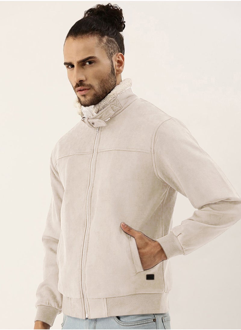 Men's Off-White Fur-Lined Suede Bomber Jacket