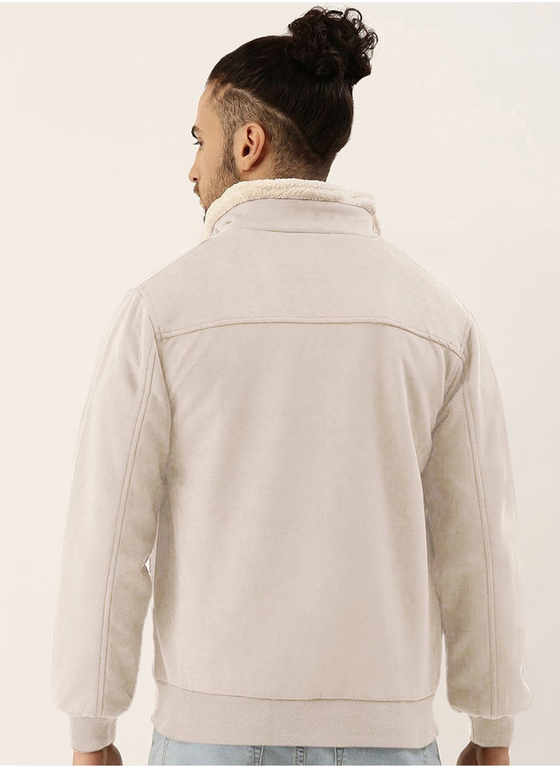 Men's Off-White Fur-Lined Suede Bomber Jacket