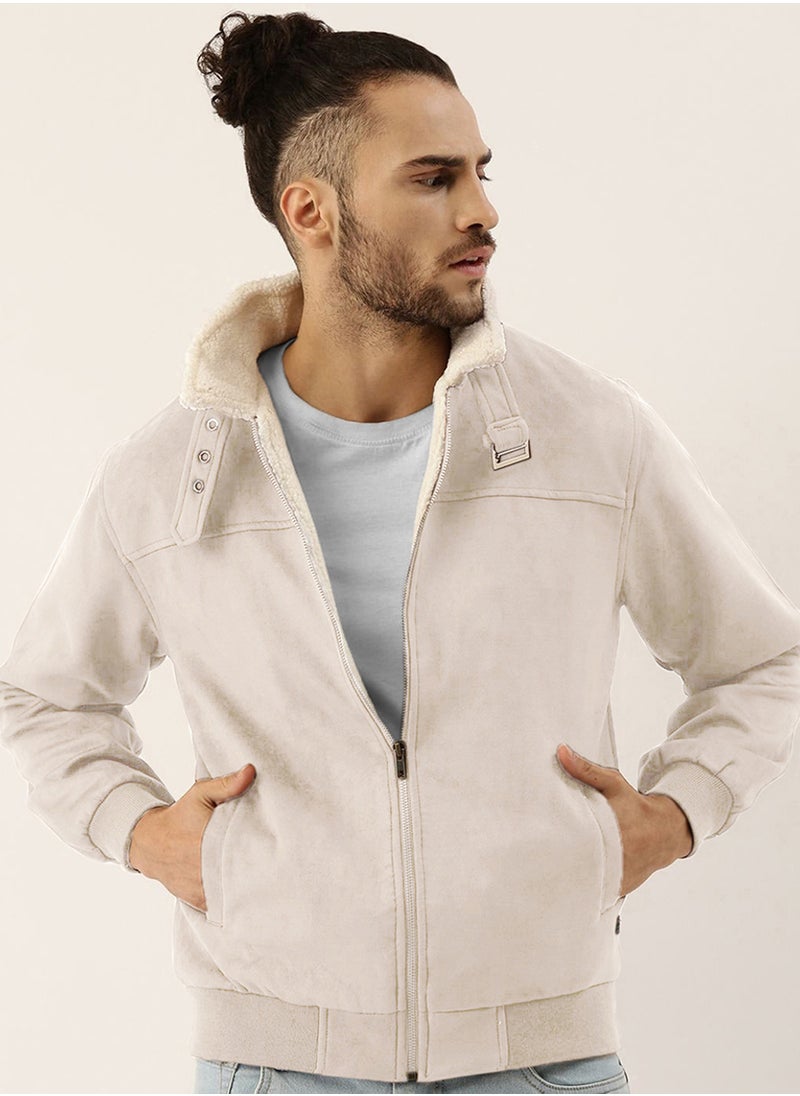 Men's Off-White Fur-Lined Suede Bomber Jacket