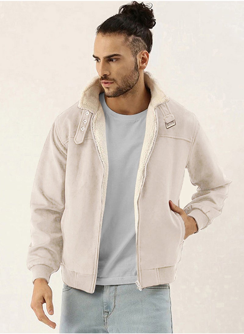 Men's Off-White Fur-Lined Suede Bomber Jacket