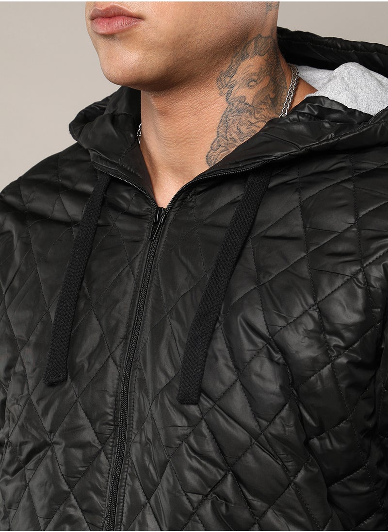 Men's Black Quilted Puffer Jacket With Zip-Closure