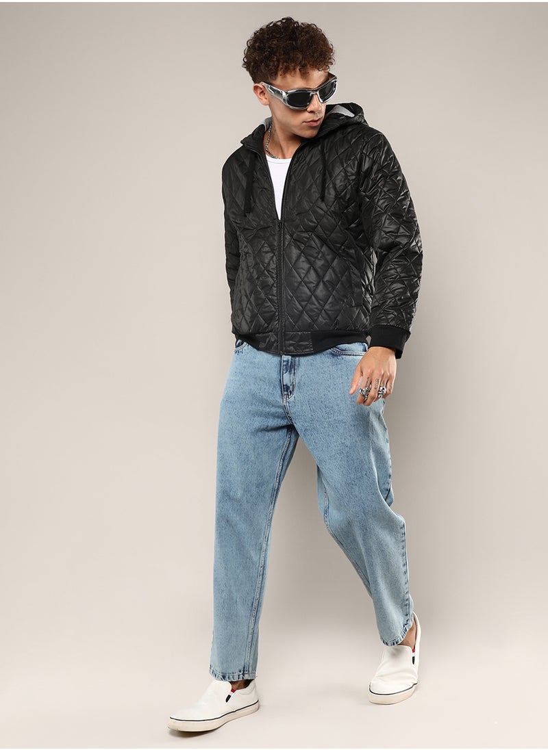 Men's Black Quilted Puffer Jacket With Zip-Closure