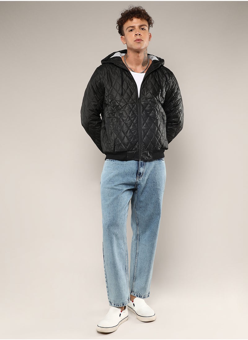 Men's Black Quilted Puffer Jacket With Zip-Closure