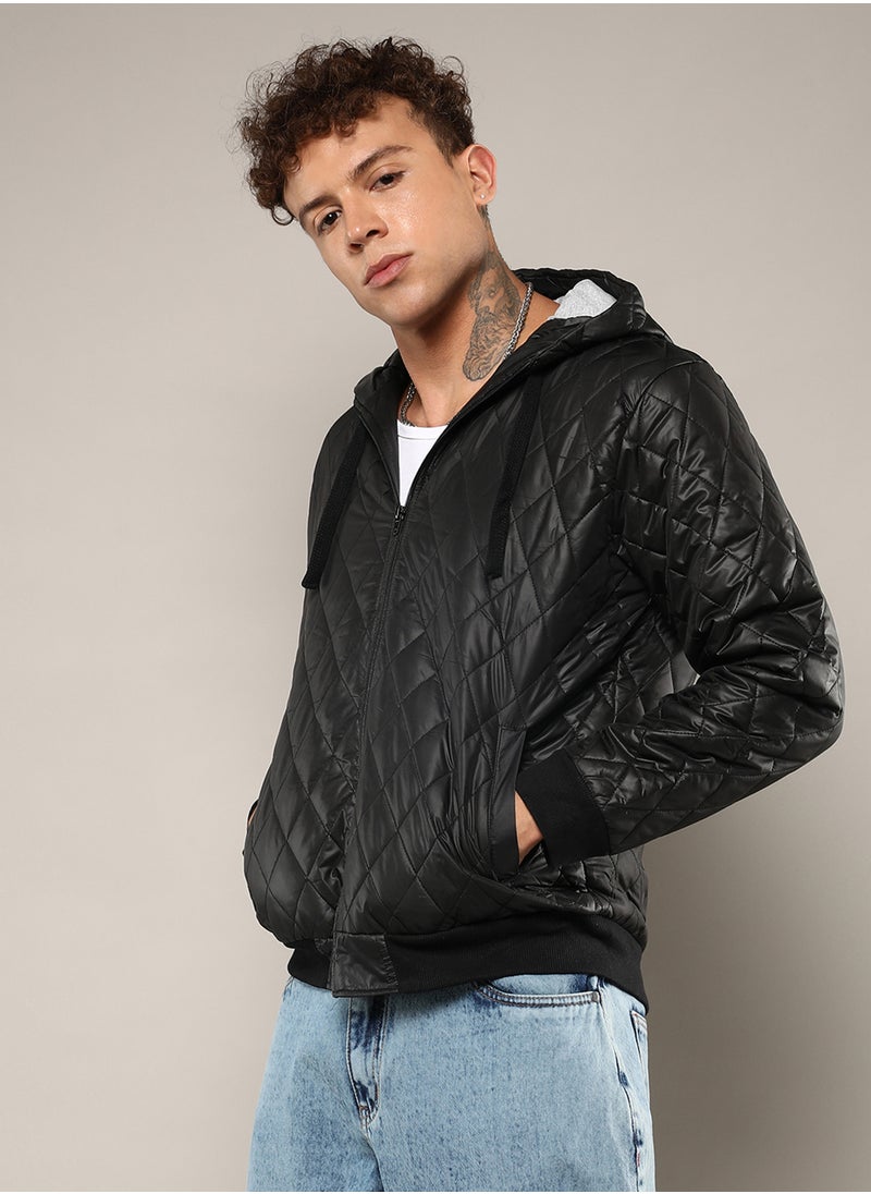 Men's Black Quilted Puffer Jacket With Zip-Closure
