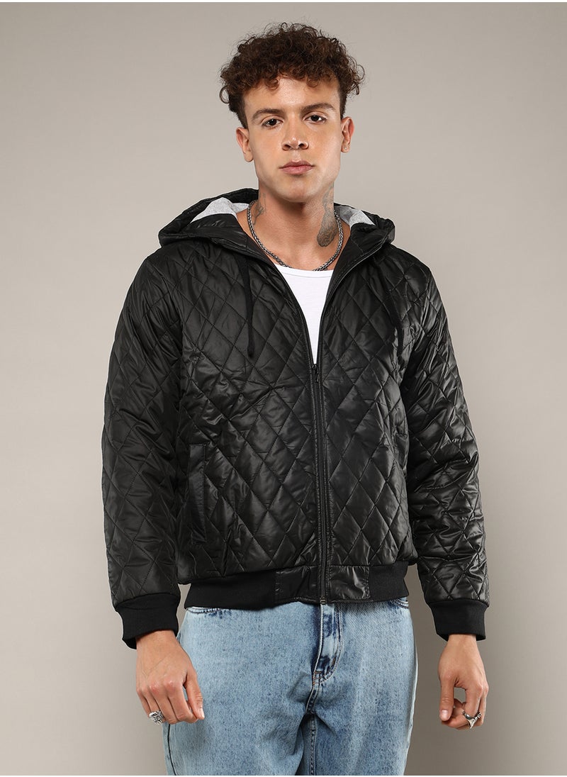 Men's Black Quilted Puffer Jacket With Zip-Closure