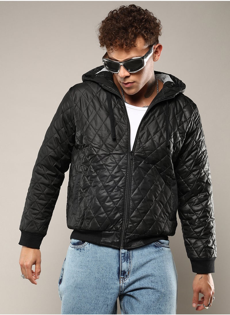 Men's Black Quilted Puffer Jacket With Zip-Closure
