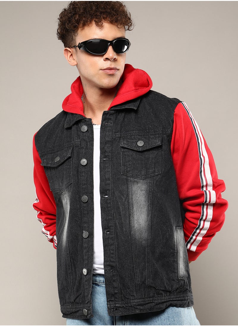 Men's Black & Red Dark-Wash Denim Jacket With Sweatshirt Sleeve