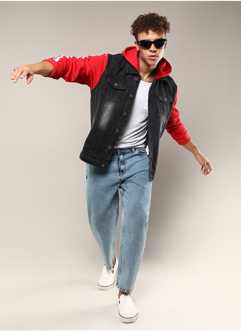 Men's Black & Red Dark-Wash Denim Jacket With Sweatshirt Sleeve