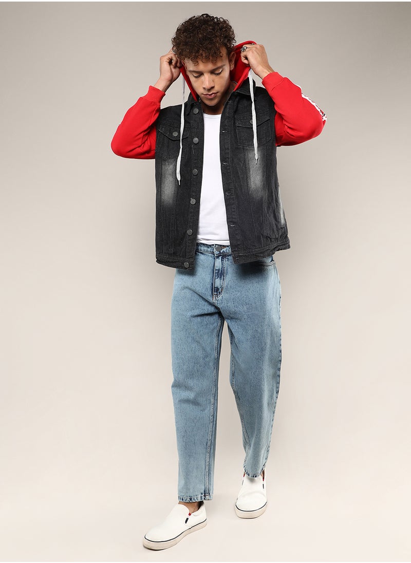 Men's Black & Red Dark-Wash Denim Jacket With Sweatshirt Sleeve