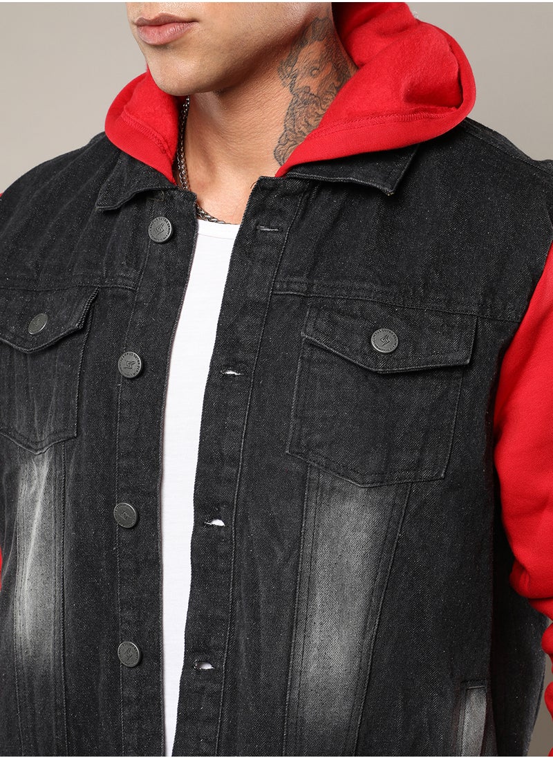 Men's Black & Red Dark-Wash Denim Jacket With Sweatshirt Sleeve