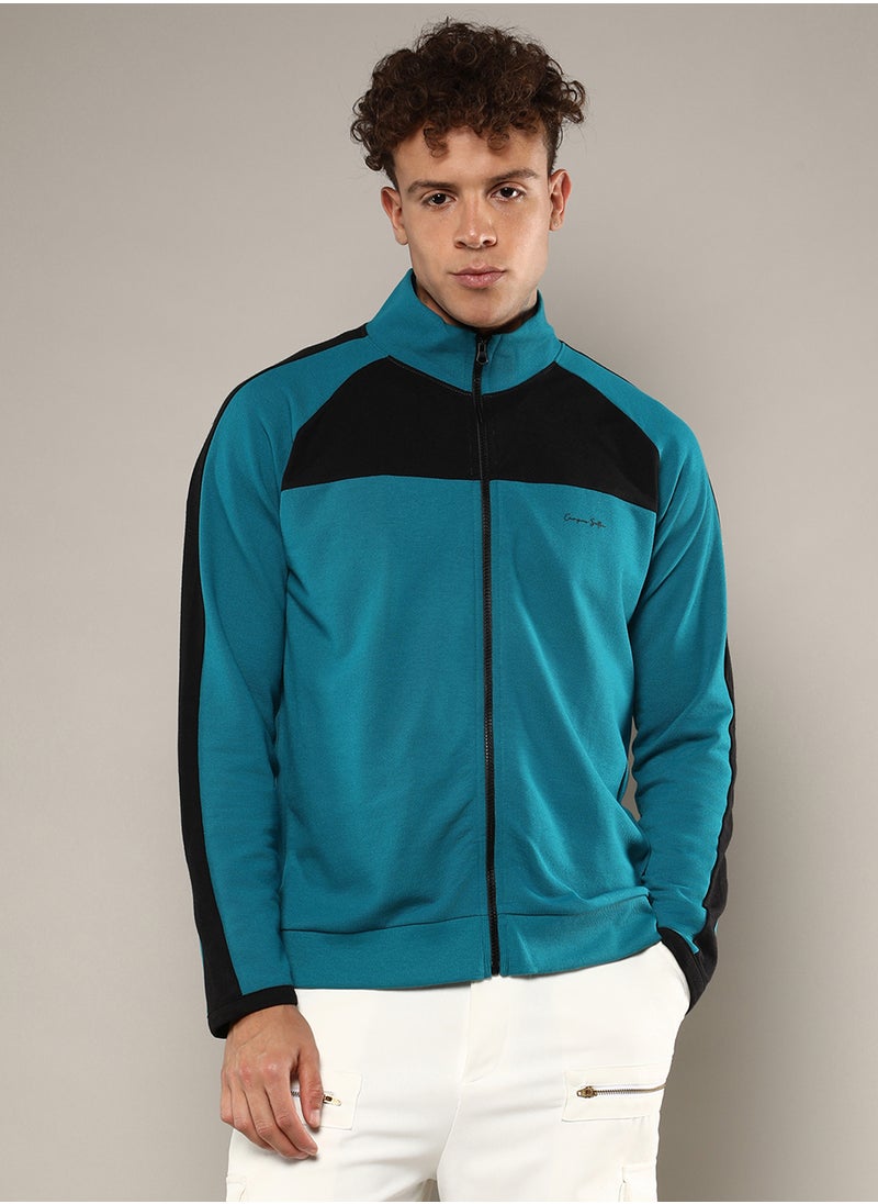 Men's Teal Blue Zip-Front Jacket With Contrast Detail