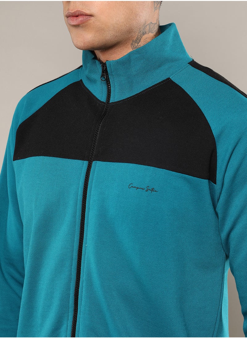 Men's Teal Blue Zip-Front Jacket With Contrast Detail