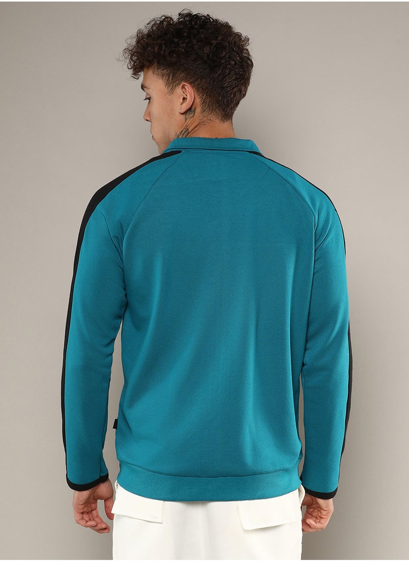Men's Teal Blue Zip-Front Jacket With Contrast Detail