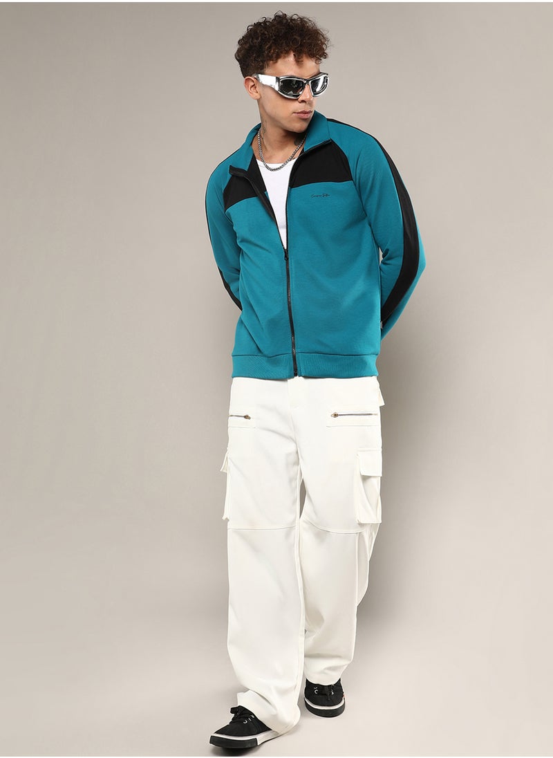 Men's Teal Blue Zip-Front Jacket With Contrast Detail