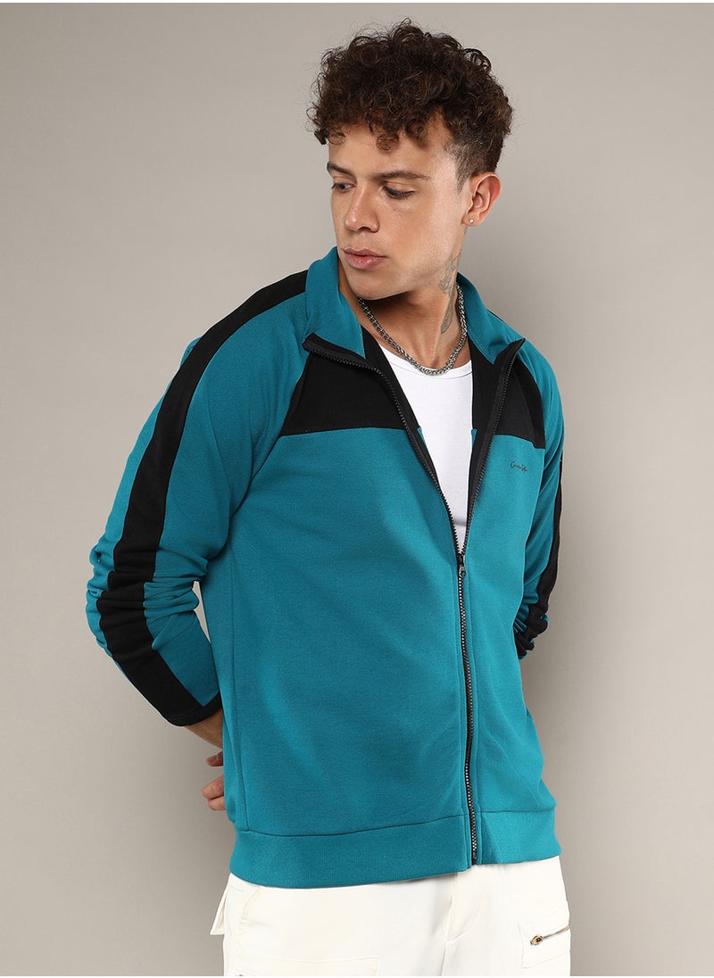 Men's Teal Blue Zip-Front Jacket With Contrast Detail