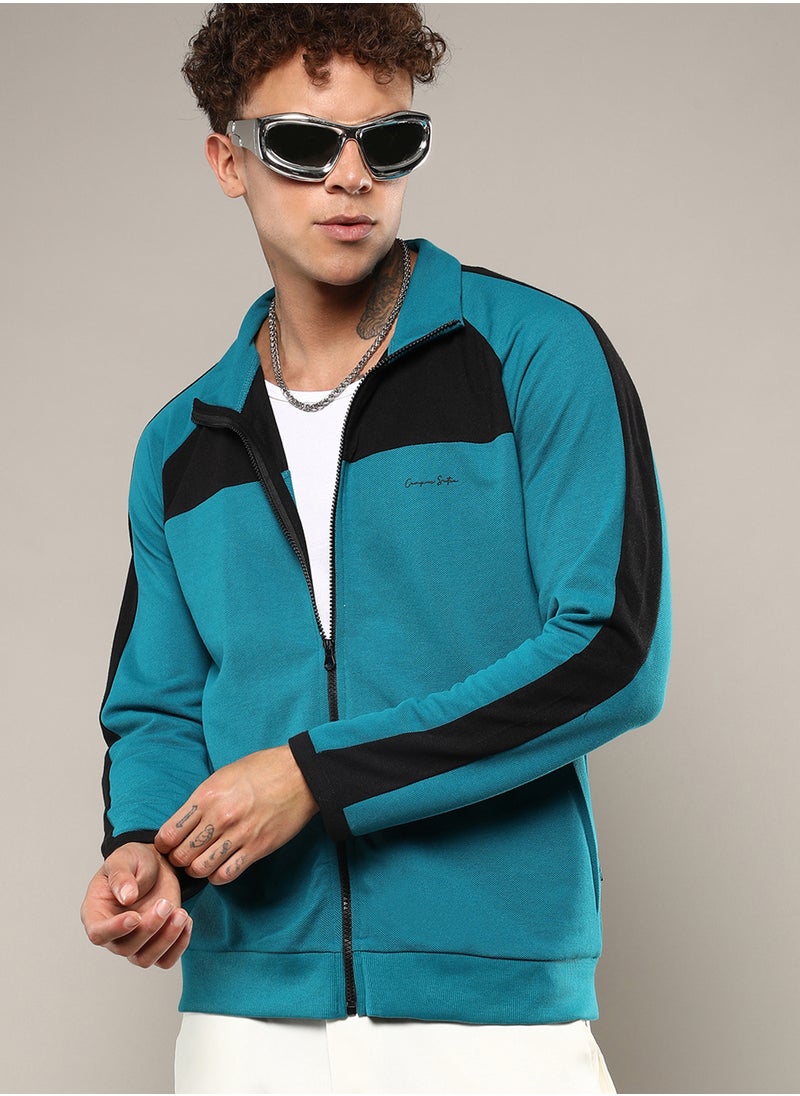 Men's Teal Blue Zip-Front Jacket With Contrast Detail