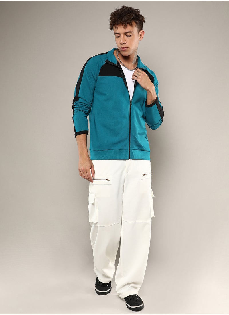 Men's Teal Blue Zip-Front Jacket With Contrast Detail