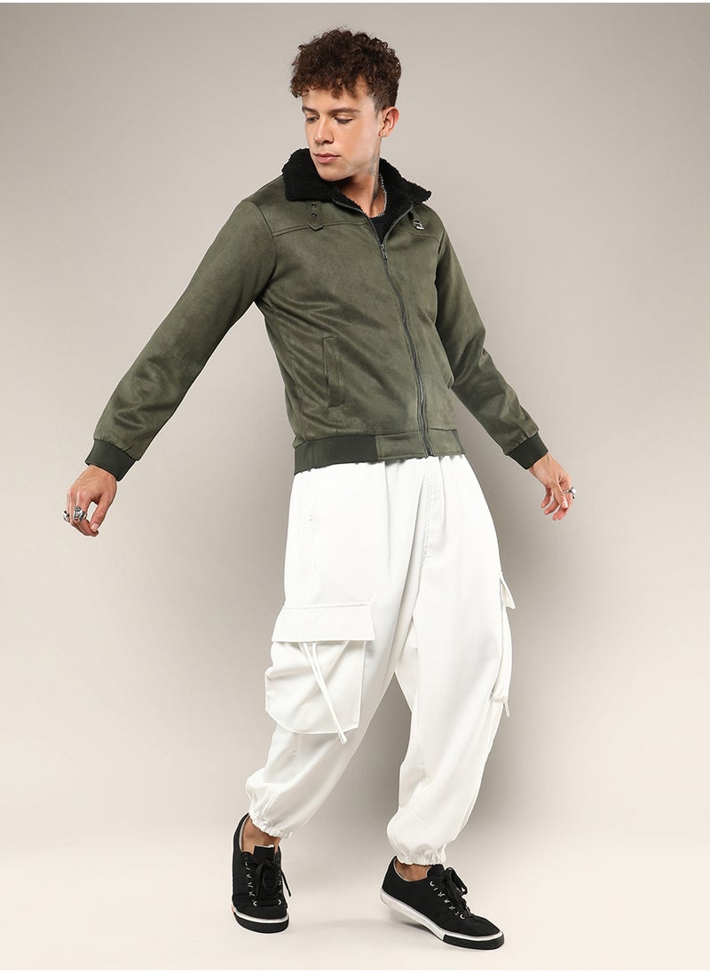 Men's Army Green Fur-Lined Suede Bomber Jacket