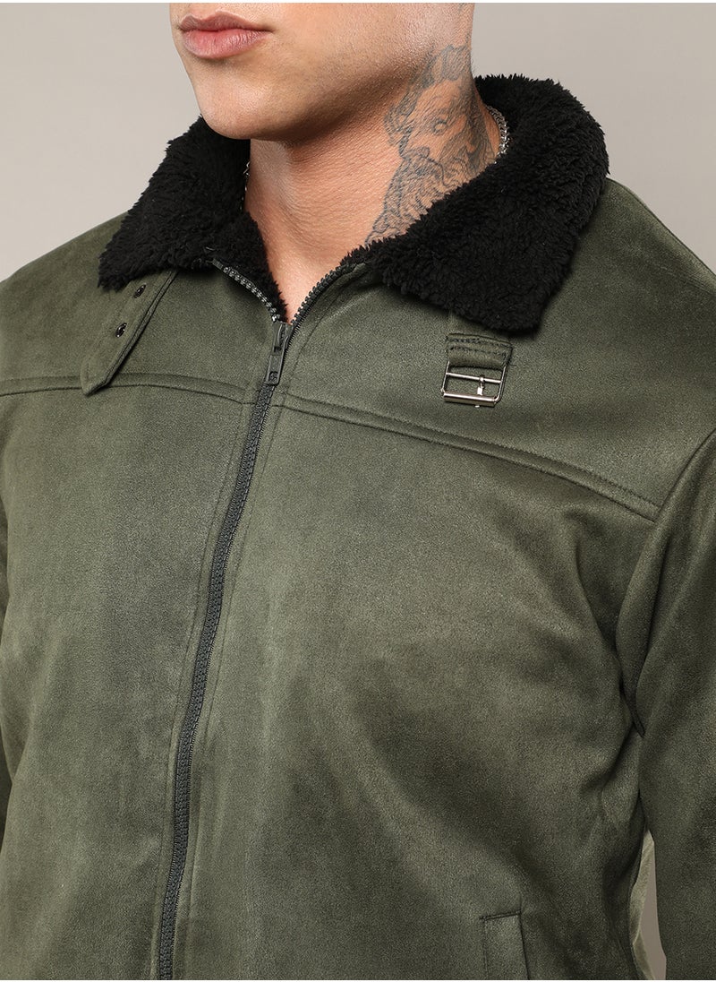 Men's Army Green Fur-Lined Suede Bomber Jacket