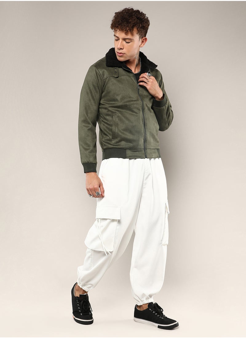 Men's Army Green Fur-Lined Suede Bomber Jacket