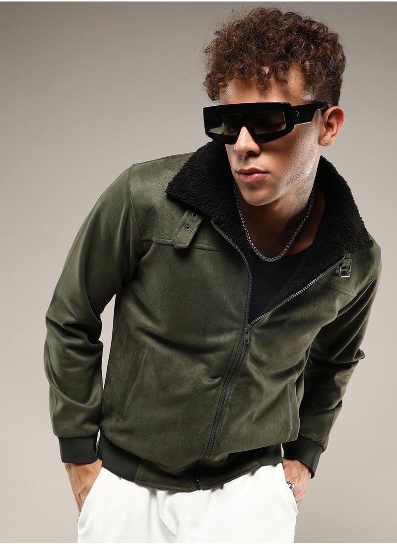 Men's Army Green Fur-Lined Suede Bomber Jacket