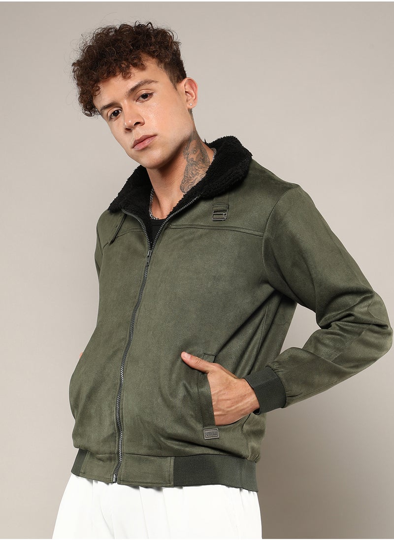 Men's Army Green Fur-Lined Suede Bomber Jacket