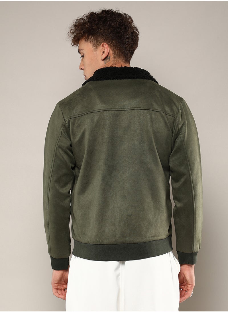 Men's Army Green Fur-Lined Suede Bomber Jacket