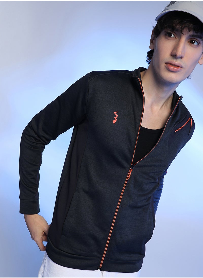 Men's Black Heathered Activewear Jacket With Reflective Detail