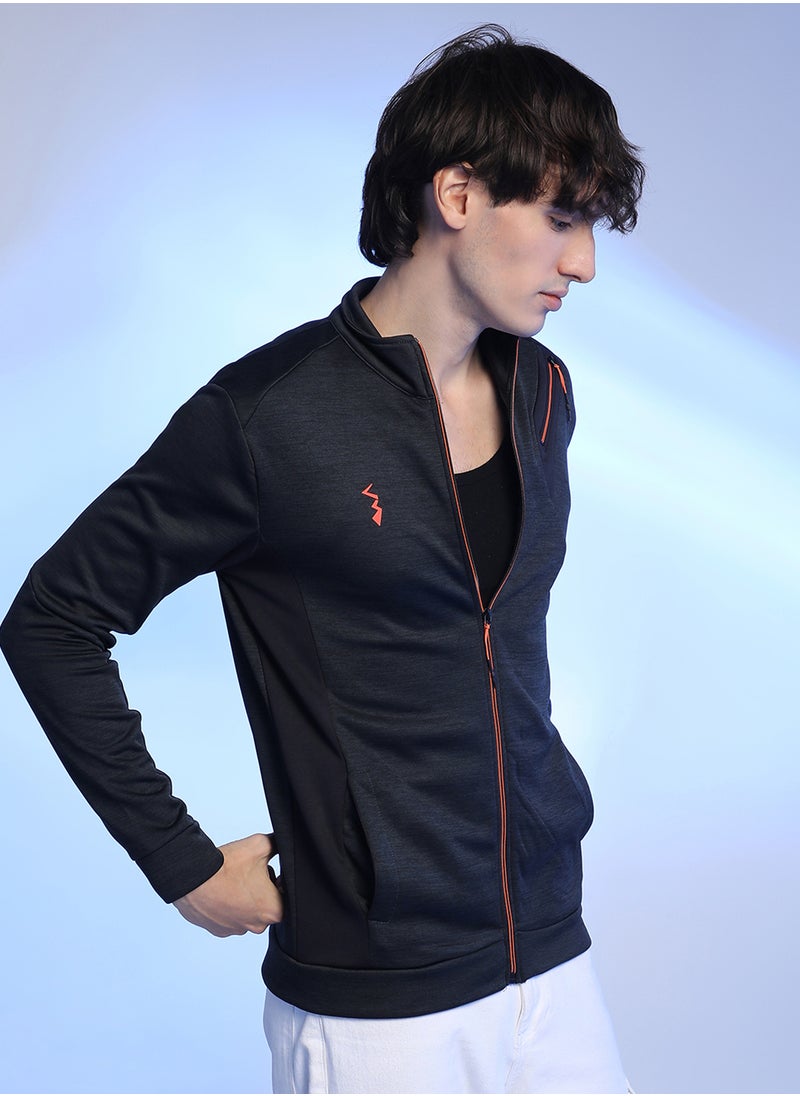 Men's Black Heathered Activewear Jacket With Reflective Detail