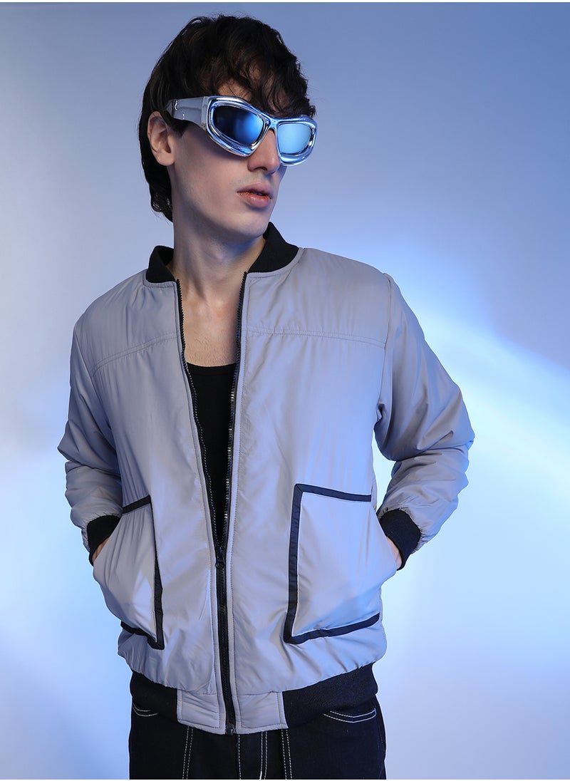 Men's Light Grey Zip-Front Puffer Jacket With Contrast Detail