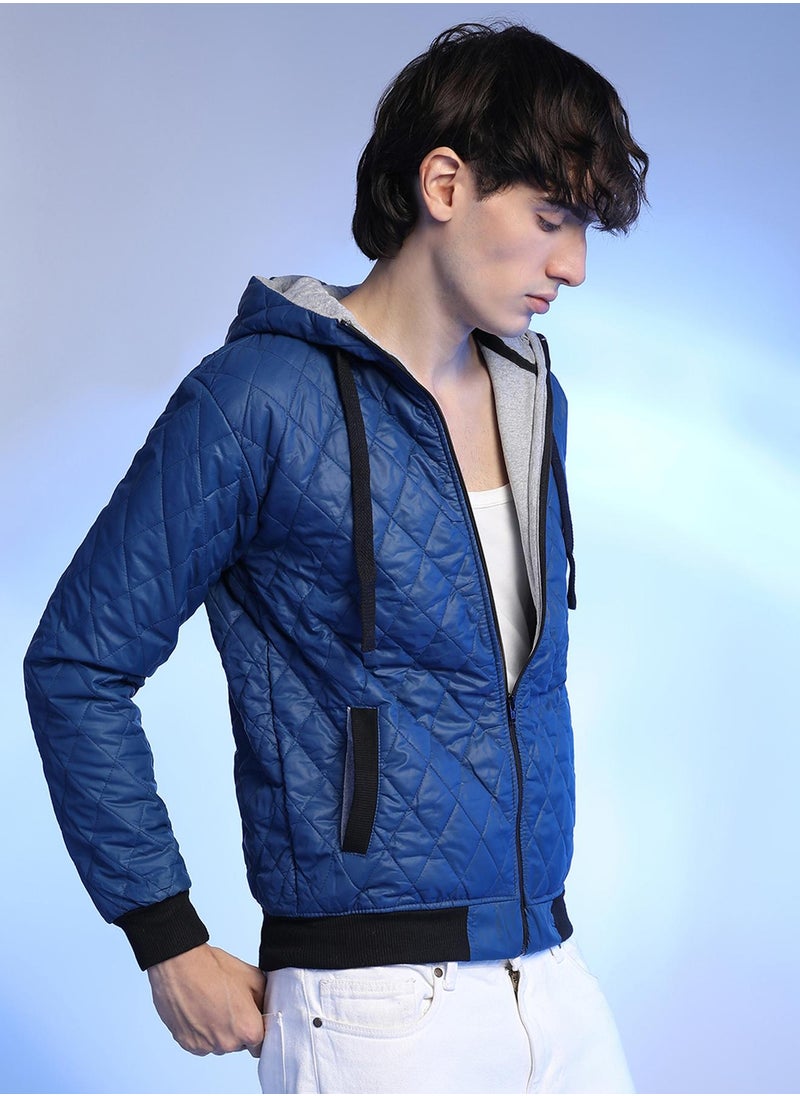 Men's Blue Quilted Puffer Jacket With Zip-Closure