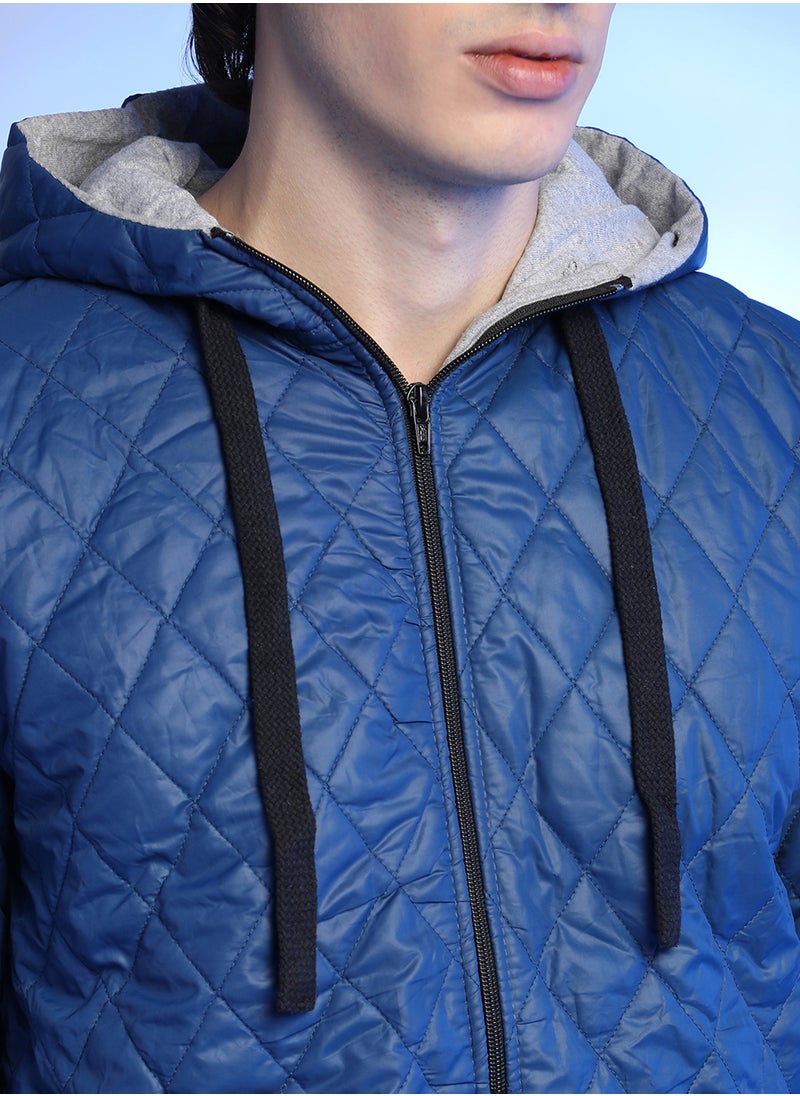 Men's Blue Quilted Puffer Jacket With Zip-Closure