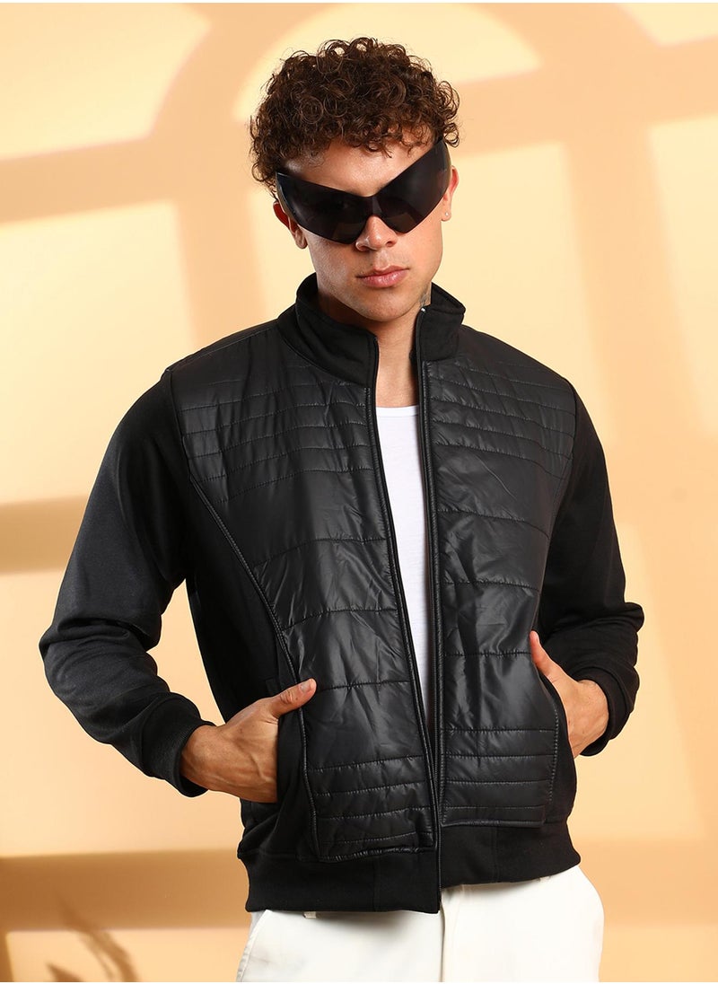Men's Black Zip-Front Jacket With Quilted Detail