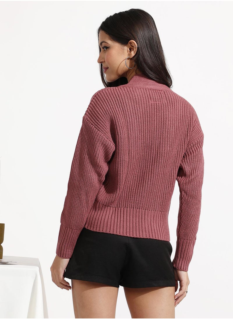 Women's Blush Pink Solid Ribbed Cropped Cardigan